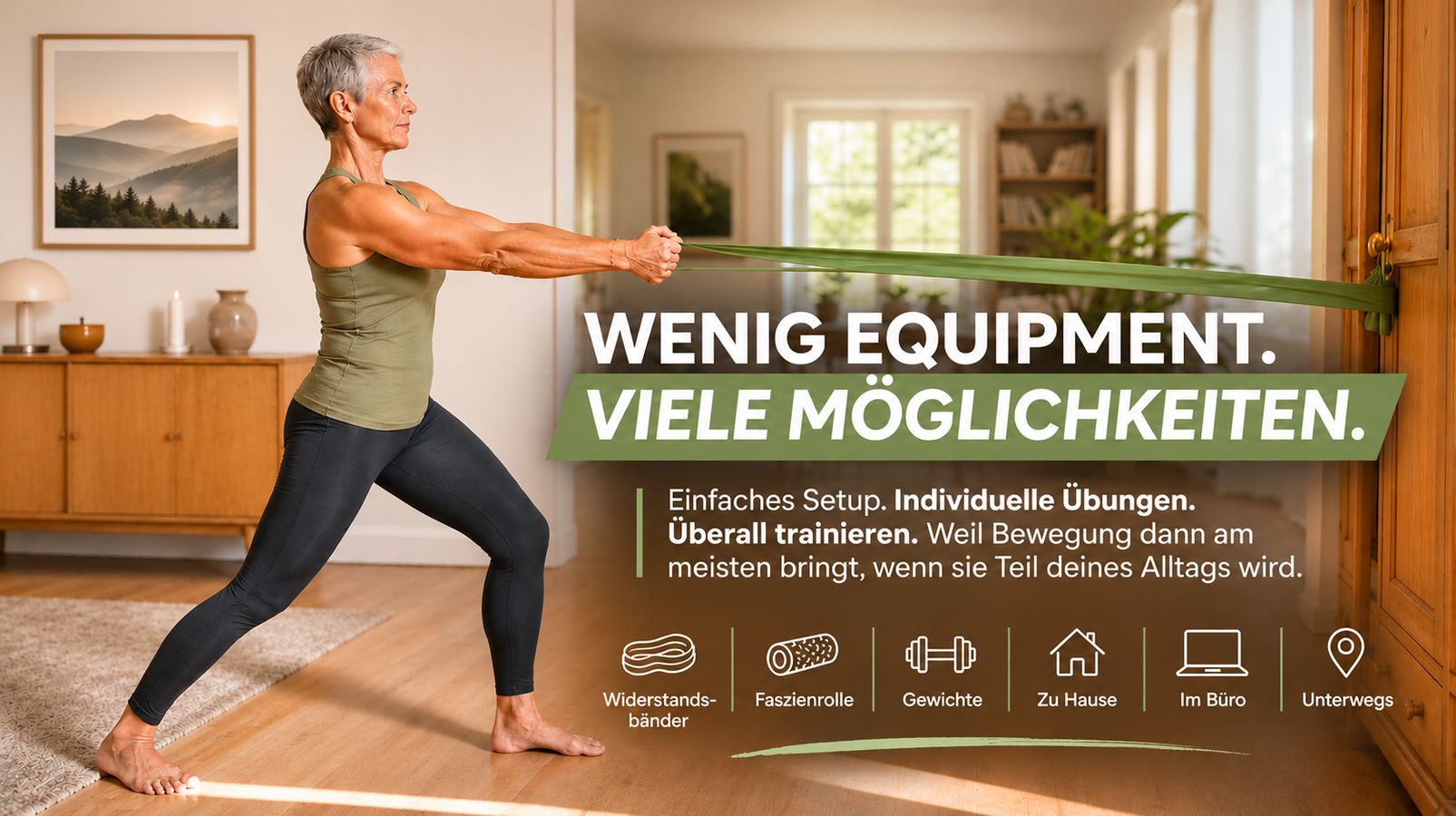 Ältere Frau trainiert zu Hause mit Widerstandsband – Wenig Equipment, viele Möglichkeiten